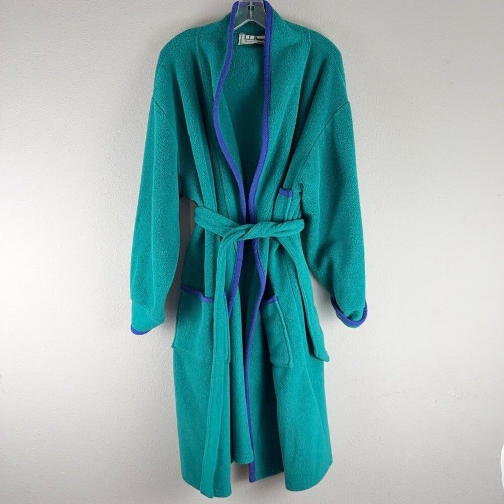 VTG 90's LL Bean Belted Bathrobe One Size Fleece Teal Green Unisex USA Gorpcore